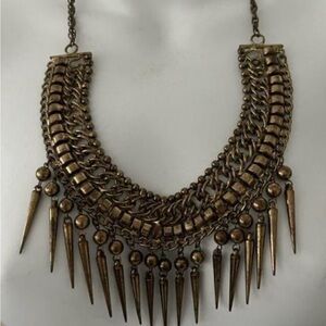 VINTAGE BRASS FRINGE SPIKES CHOKER NECKLACE ADJUSTABLE CHAIN